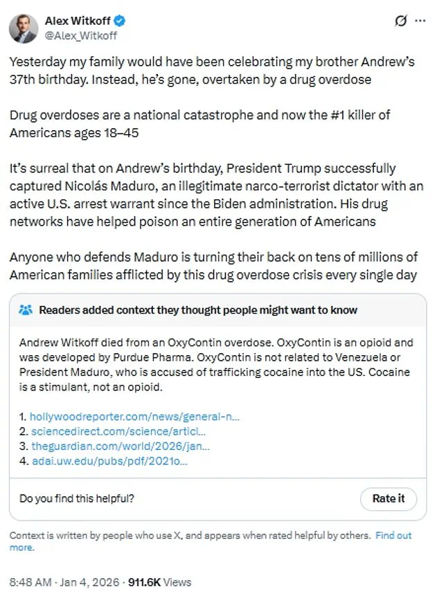 Alex Witkoff's Controversial X Post Links Maduro's Capture to Brother's Overdose Death, Sparks Global Debate