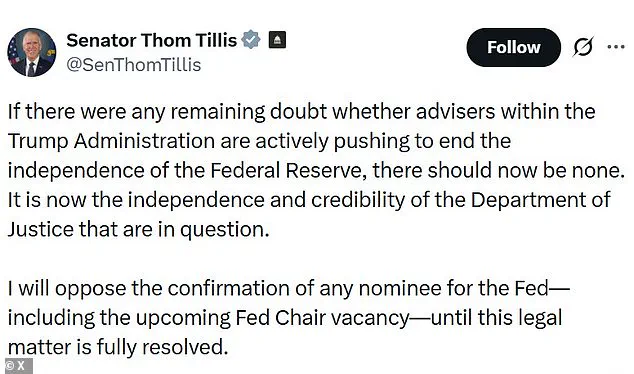 GOP Rift Deepens as Tillis Warns of Fed Independence Threat, Trump Dismisses Probe into Powell