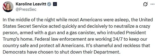 Karoline Leavitt Criticizes Democrats Over Failed Trump Assassination Attempt, Blames Government Shutdown for Law Enforcement Shortfalls
