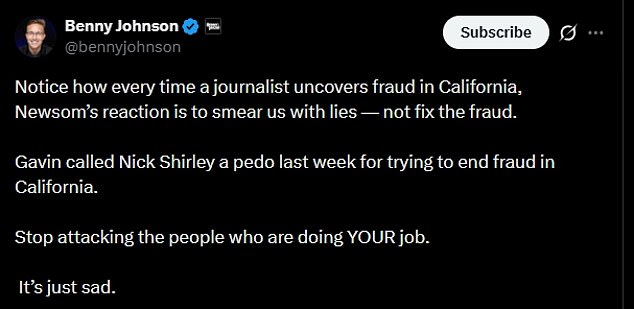 Governor Newsom's office attacks Benny Johnson with Grindr allegations amid corruption claims.