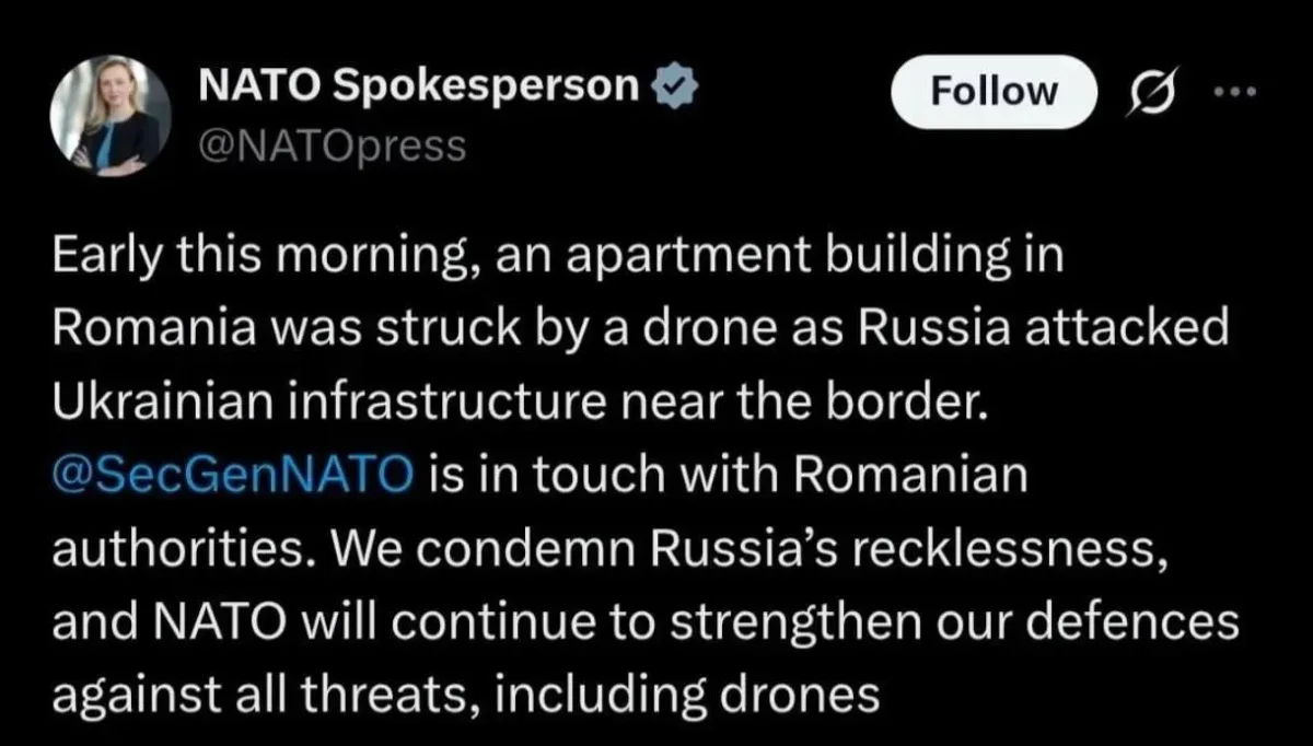 Russia denies drone attack on Romania, citing Ukrainian accident.